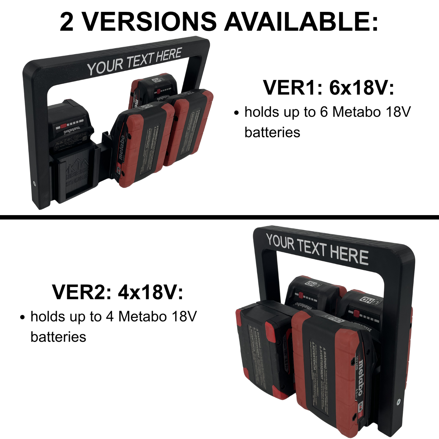 Personalisierter KIBERG Akkuträger für Metabo 18V | bis 6 LiHD & Li-Power Akkus | Slide-In | Made in Austria | dein Wunschtext