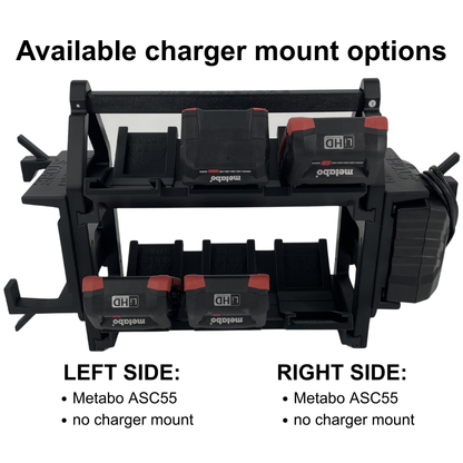 KIBERG Akkuträger für Metabo 18V | Hält 12 Akkus & 2 ASC55 Ladegeräte | Mobiler Carrier mit Tragegriff & Kabelmanagement