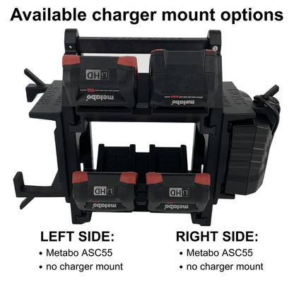 KIBERG Akkuträger für Metabo 18V | Platz für 8 Akkus & 2 ASC 55 Ladegeräte | mobil & wandmontierbar | aus Österreich