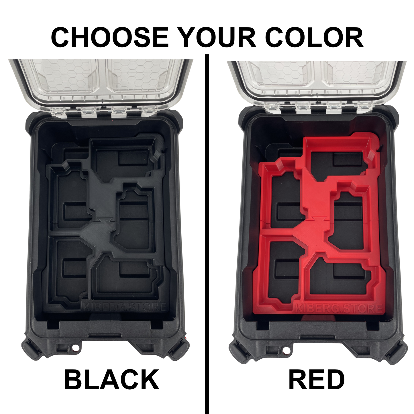 KIBERG Inlay für Milwaukee Packout Compact Organiser | Hält 5x M18 5Ah Akkus | Verstecktes AirTag-Fach | In Schwarz & Rot
