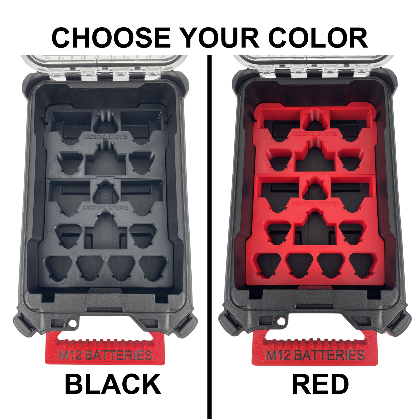 KIBERG Inlay für Milwaukee Packout Compact Organizer | M12 2Ah & 4Ah Akkus | Verstecktes AirTag Fach | Schwarz oder Rot wählbar