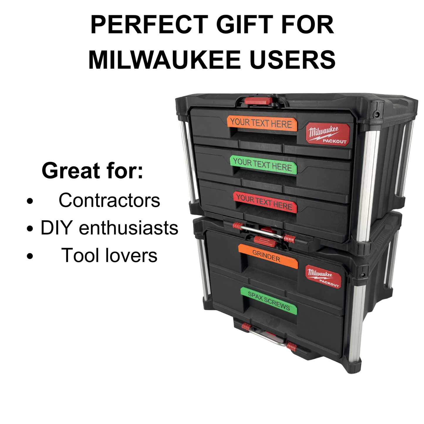 KIBERG Clip-on Label personalisiert für Milwaukee Packout 2 & 3 Drawer | bis 16 Zeichen | Farbe frei wählbar | Werkstatt-Beschriftung (Kopie)