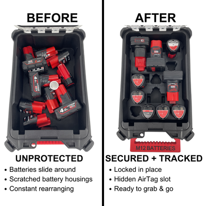 KIBERG Inlay für Milwaukee Packout Compact Organizer | M12 2Ah & 4Ah Akkus | Verstecktes AirTag Fach | Schwarz oder Rot wählbar