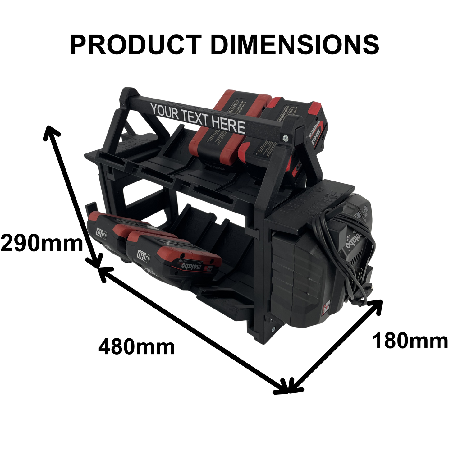 KIBERG Personalisierter Akkuträger für Metabo 18V | 12 Akkus + ASC55 Ladegerät | Werkstatt Organizer mit Wunschtext | Geschenk Handwerker