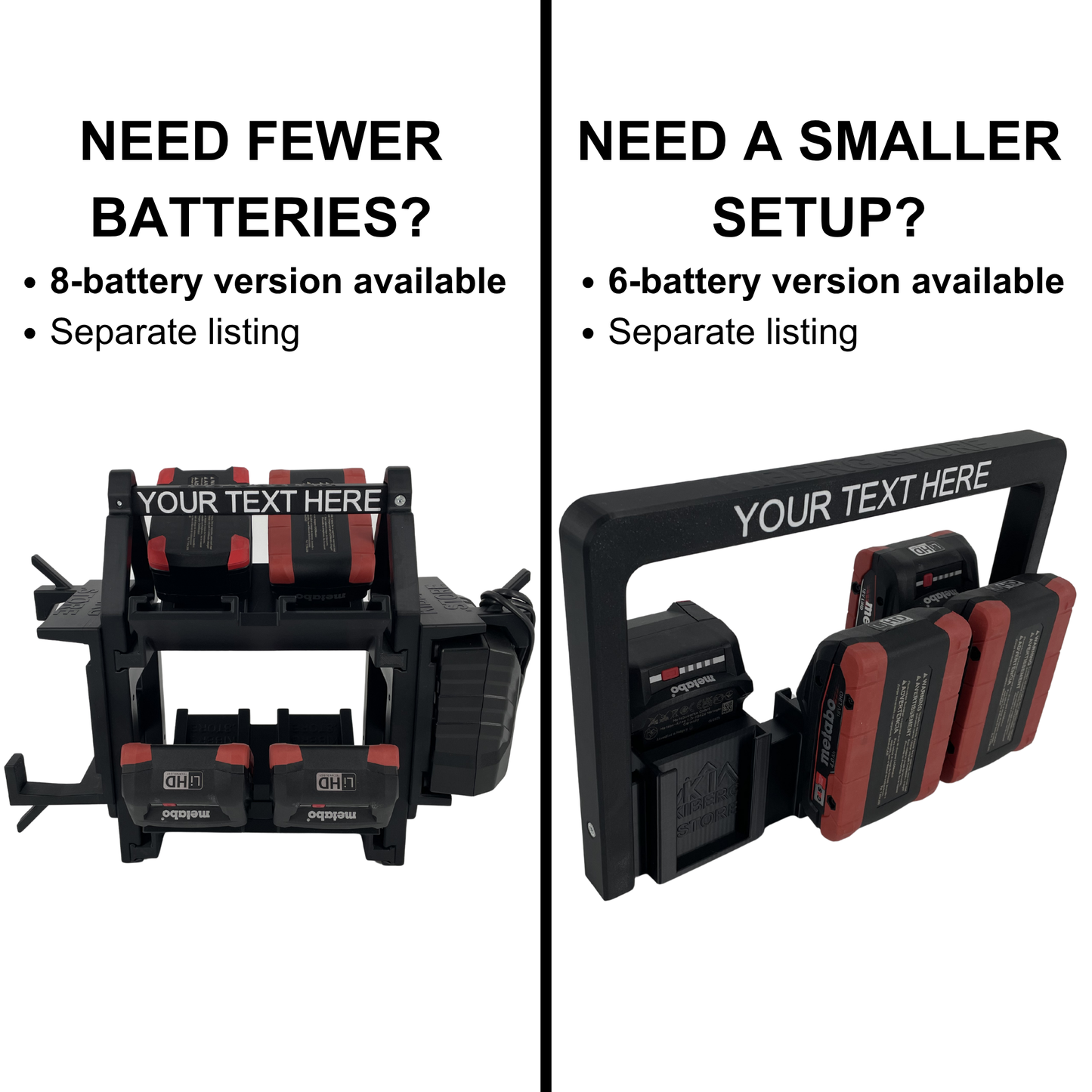KIBERG Personalisierter Akkuträger für Metabo 18V | 12 Akkus + ASC55 Ladegerät | Werkstatt Organizer mit Wunschtext | Geschenk Handwerker