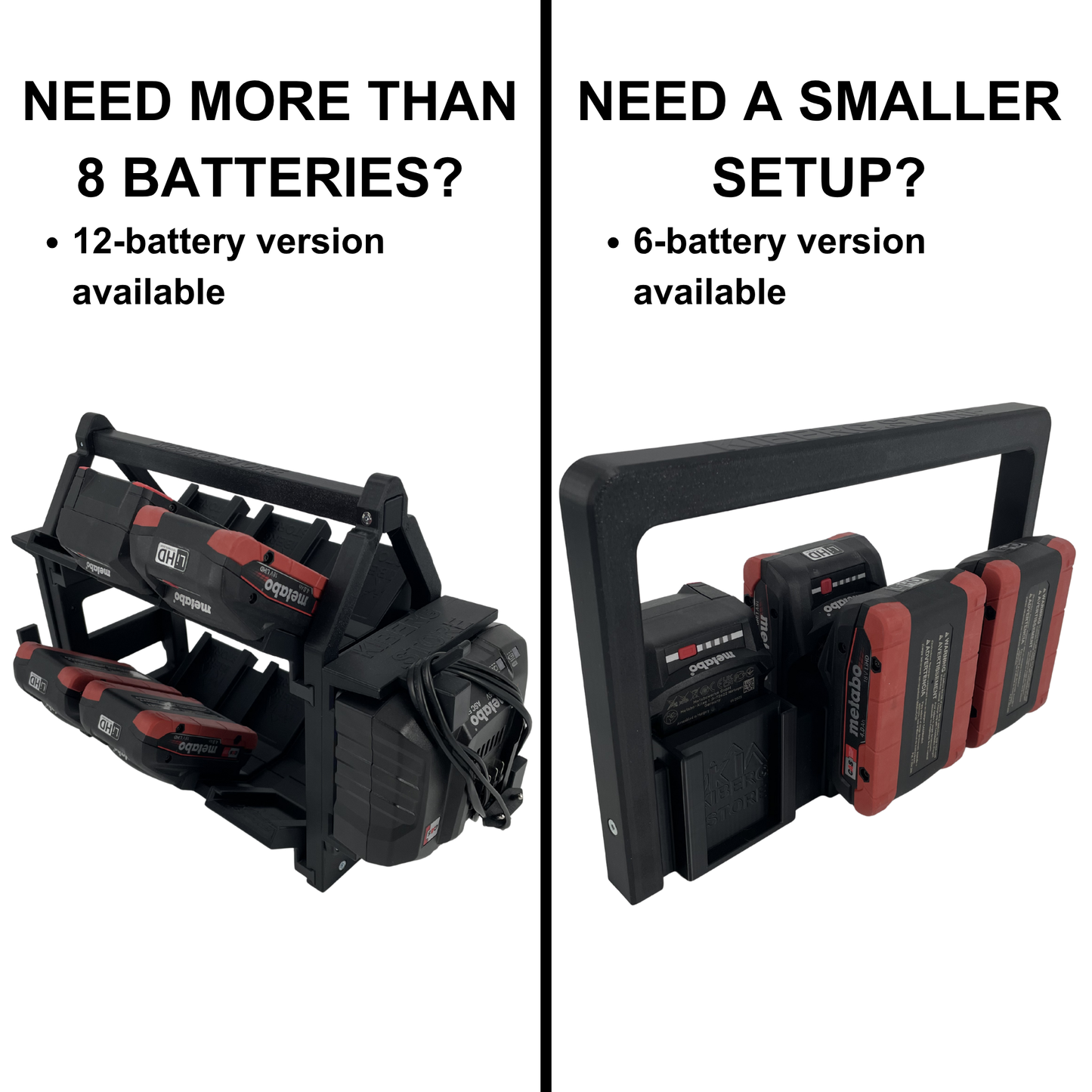 KIBERG Akkuträger für Metabo 18V | Platz für 8 Akkus & 2 ASC 55 Ladegeräte | mobil & wandmontierbar | aus Österreich