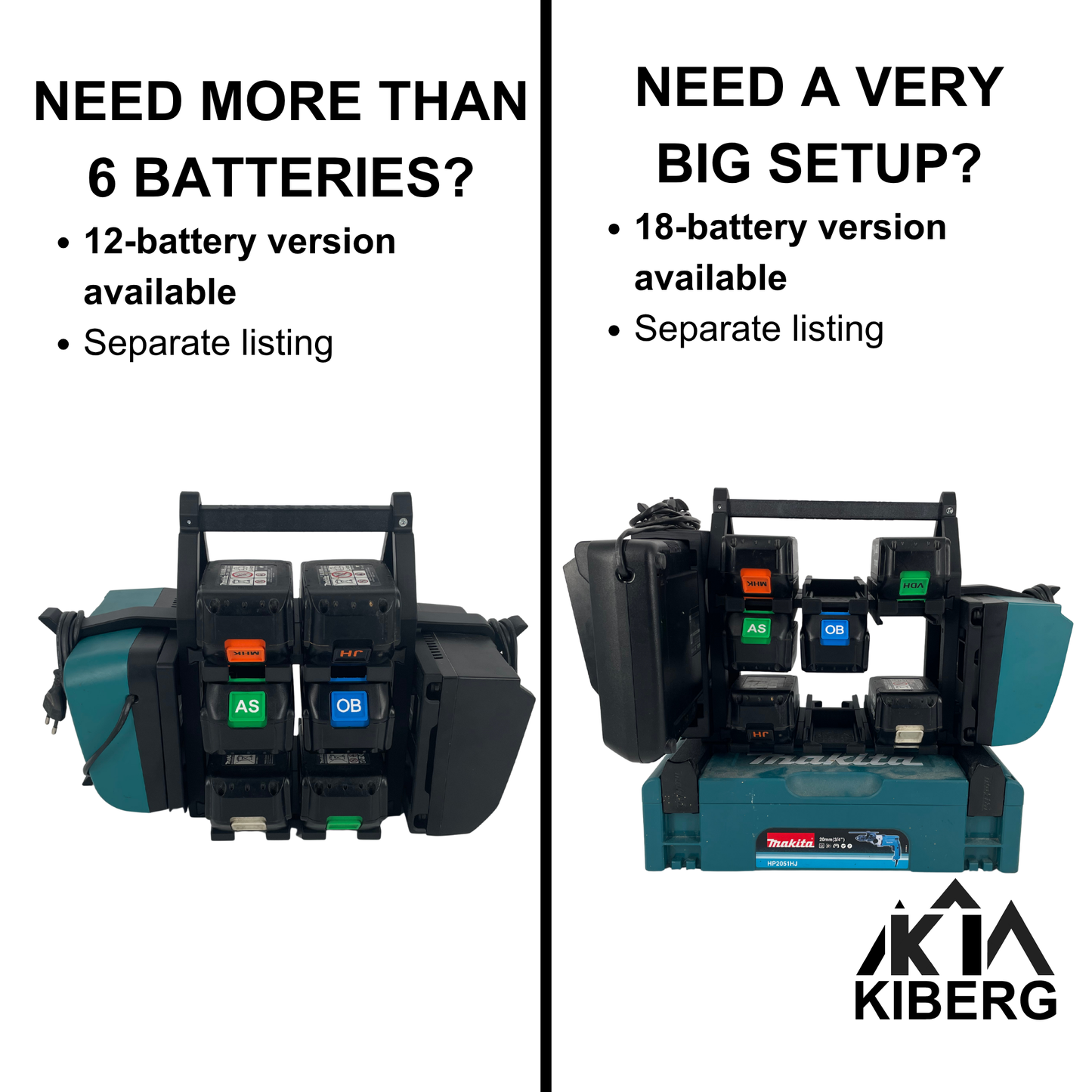 KIBERG Akkuträger für Makita 18V LXT | Batteriehalter mit Tragegriff | 4 oder 6 Akkus | Werkstatt Ordnung