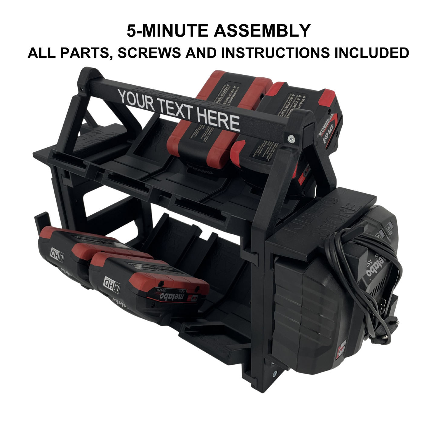 KIBERG Personalisierter Akkuträger für Metabo 18V | 12 Akkus + ASC55 Ladegerät | Werkstatt Organizer mit Wunschtext | Geschenk Handwerker
