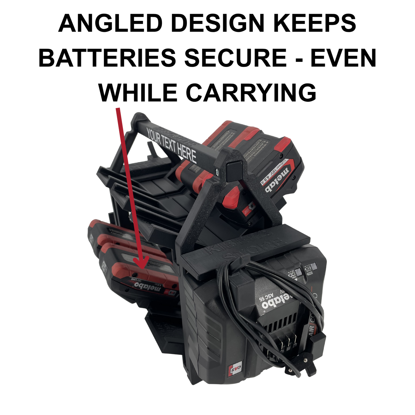 KIBERG Personalisierter Akkuträger für Metabo 18V | 12 Akkus + ASC55 Ladegerät | Werkstatt Organizer mit Wunschtext | Geschenk Handwerker