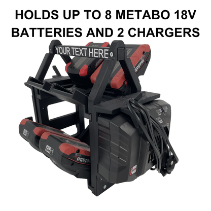 KIBERG Personalisierter Akkuträger für Metabo 18V | 8 Akkus + 2 Ladegeräte ASC 55 | Werkstatt Organizer mit Wunschtext
