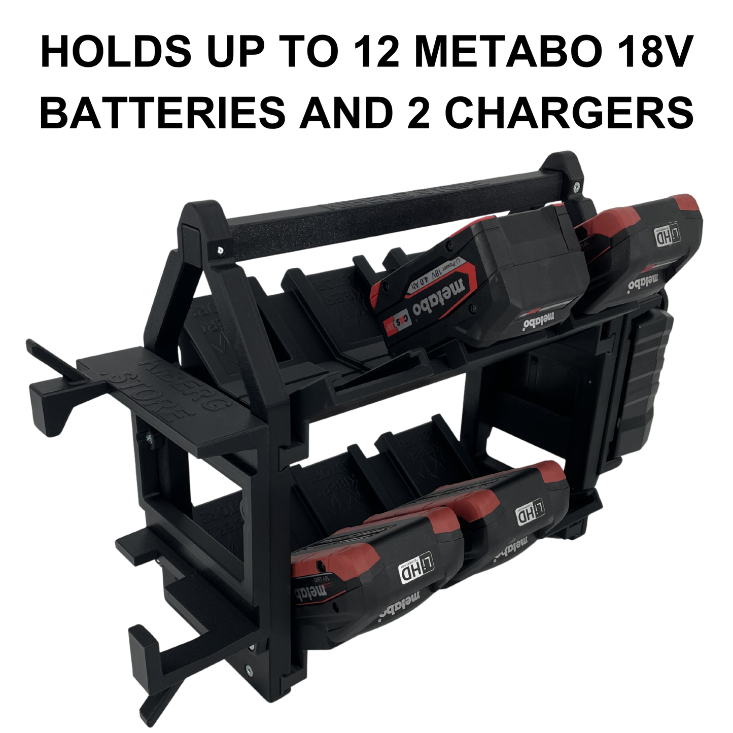 KIBERG Akkuträger für Metabo 18V | Hält 12 Akkus & 2 ASC55 Ladegeräte | Mobiler Carrier mit Tragegriff & Kabelmanagement