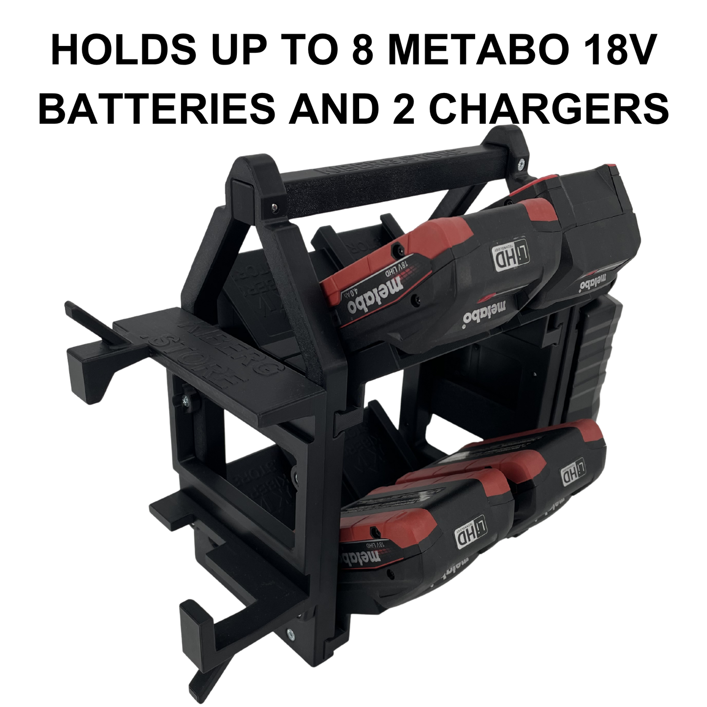 KIBERG Akkuträger für Metabo 18V | Platz für 8 Akkus & 2 ASC 55 Ladegeräte | mobil & wandmontierbar | aus Österreich
