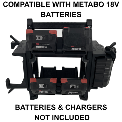 KIBERG Akkuträger für Metabo 18V | Platz für 8 Akkus & 2 ASC 55 Ladegeräte | mobil & wandmontierbar | aus Österreich