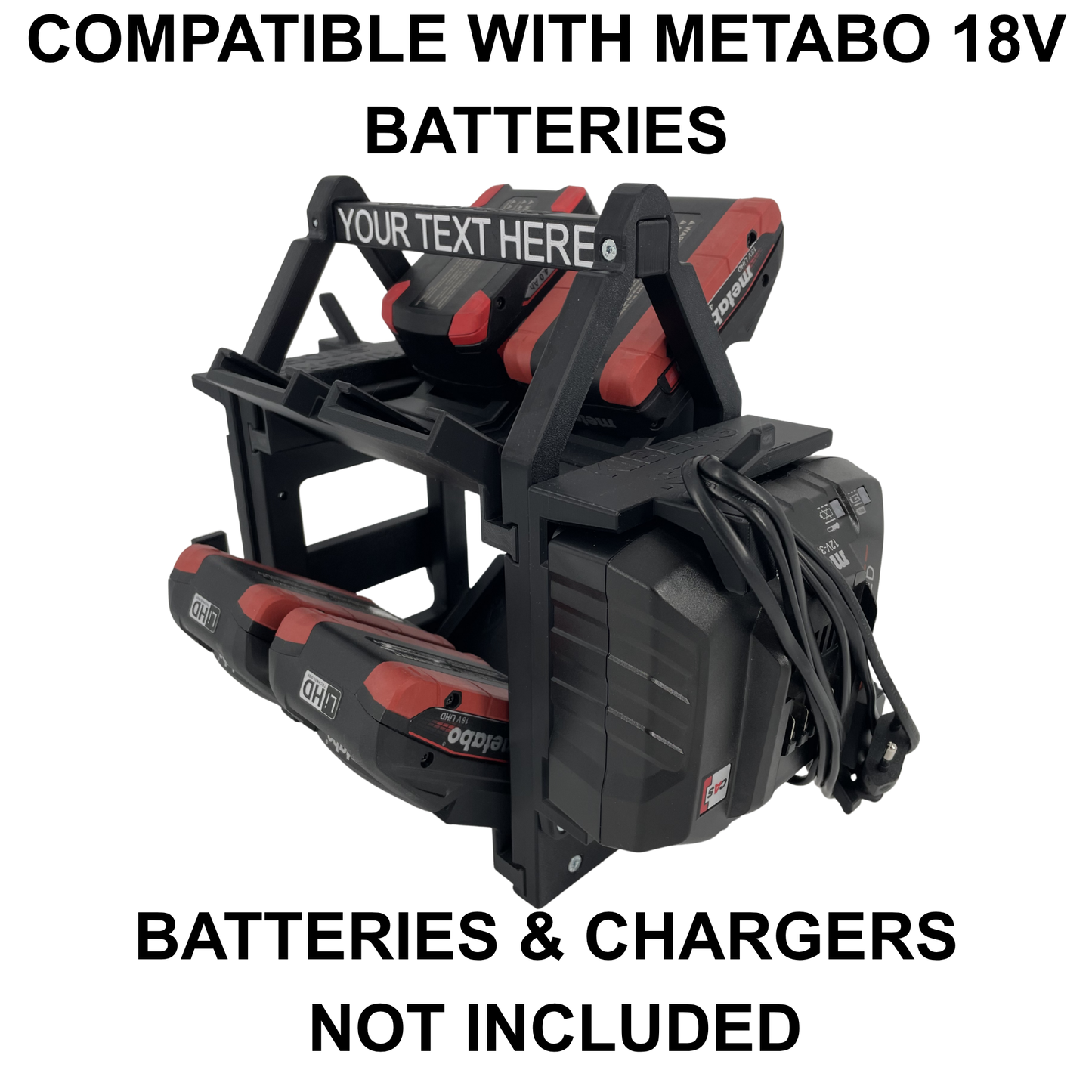 KIBERG Personalisierter Akkuträger für Metabo 18V | 8 Akkus + 2 Ladegeräte ASC 55 | Werkstatt Organizer mit Wunschtext