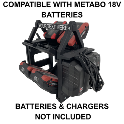 KIBERG Personalisierter Akkuträger für Metabo 18V | 8 Akkus + 2 Ladegeräte ASC 55 | Werkstatt Organizer mit Wunschtext