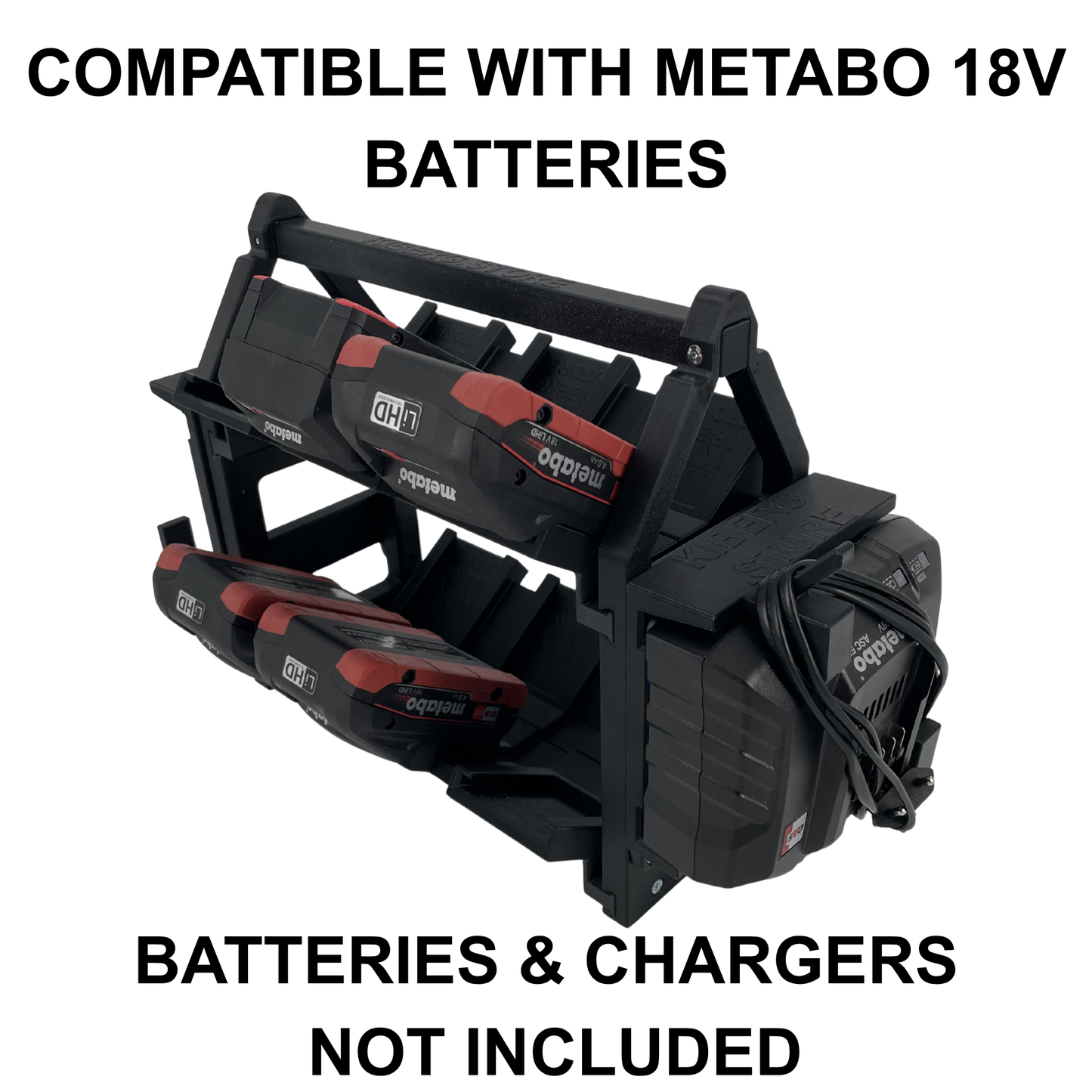 KIBERG Akkuträger für Metabo 18V | Hält 12 Akkus & 2 ASC55 Ladegeräte | Mobiler Carrier mit Tragegriff & Kabelmanagement