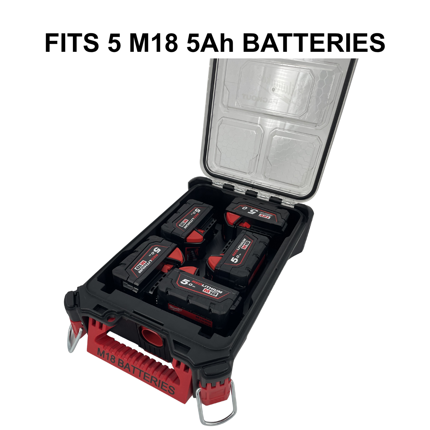 KIBERG Inlay für Milwaukee Packout Compact Organiser | Hält 5x M18 5Ah Akkus | Verstecktes AirTag-Fach | In Schwarz & Rot