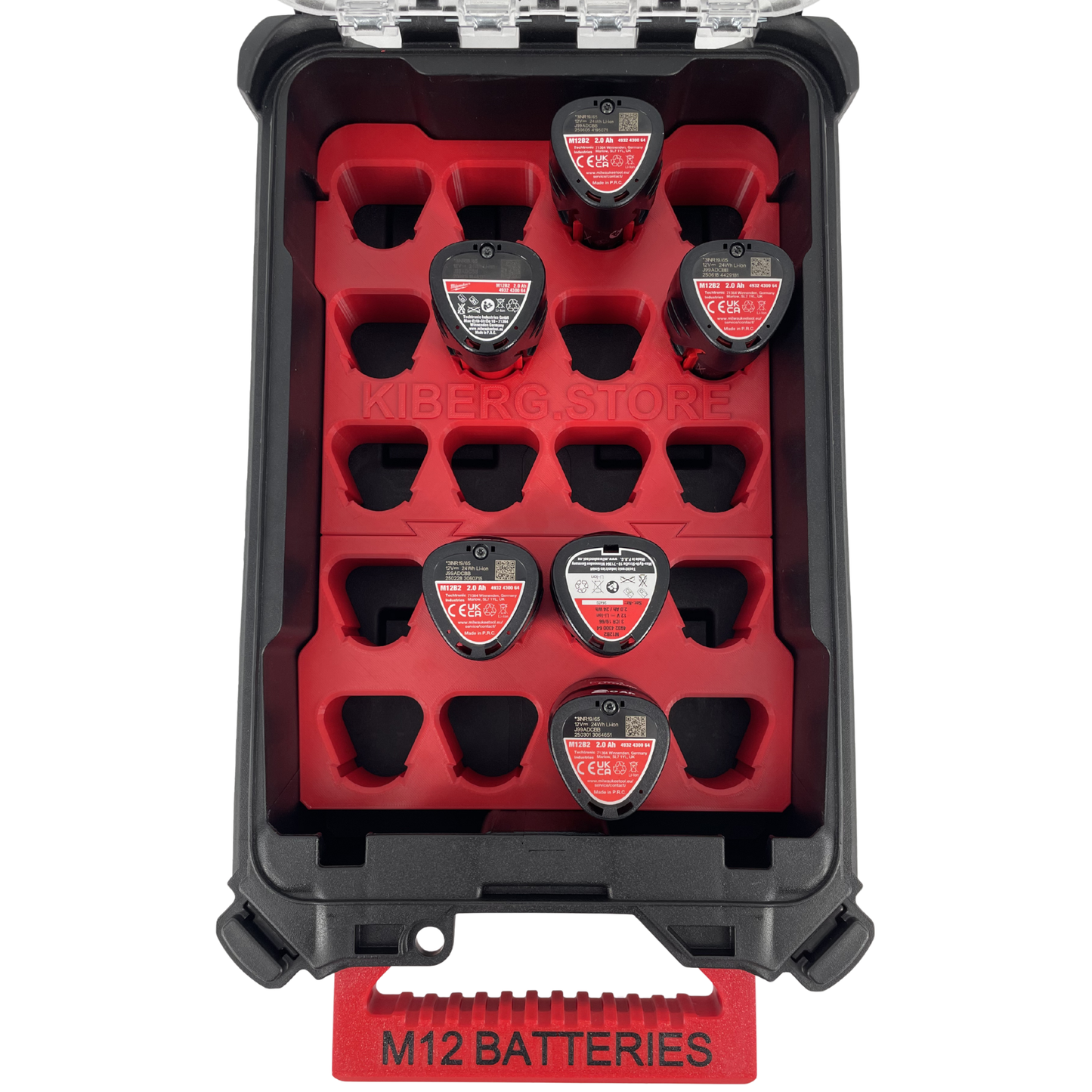 KIBERG Akku-Inlay für Milwaukee Packout Compact Organiser | Platz für 20 M12 2Ah Akkus | Verstecktes AirTag-Fach | Schwarz oder Rot