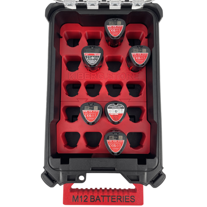 KIBERG Akku-Inlay für Milwaukee Packout Compact Organiser | Platz für 20 M12 2Ah Akkus | Verstecktes AirTag-Fach | Schwarz oder Rot
