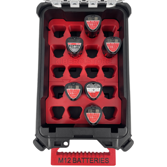 KIBERG Akku-Inlay für Milwaukee Packout Compact Organiser | Platz für 20 M12 2Ah Akkus | Verstecktes AirTag-Fach | Schwarz oder Rot