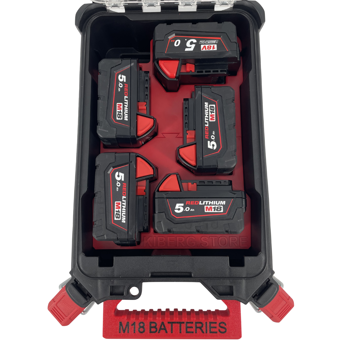 KIBERG Inlay für Milwaukee Packout Compact Organiser | Hält 5x M18 5Ah Akkus | Verstecktes AirTag-Fach | In Schwarz & Rot