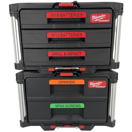 KIBERG Clip-on Label personalisiert für Milwaukee Packout 2 & 3 Drawer | bis 16 Zeichen | Farbe frei wählbar | Werkstatt-Beschriftung (Kopie)