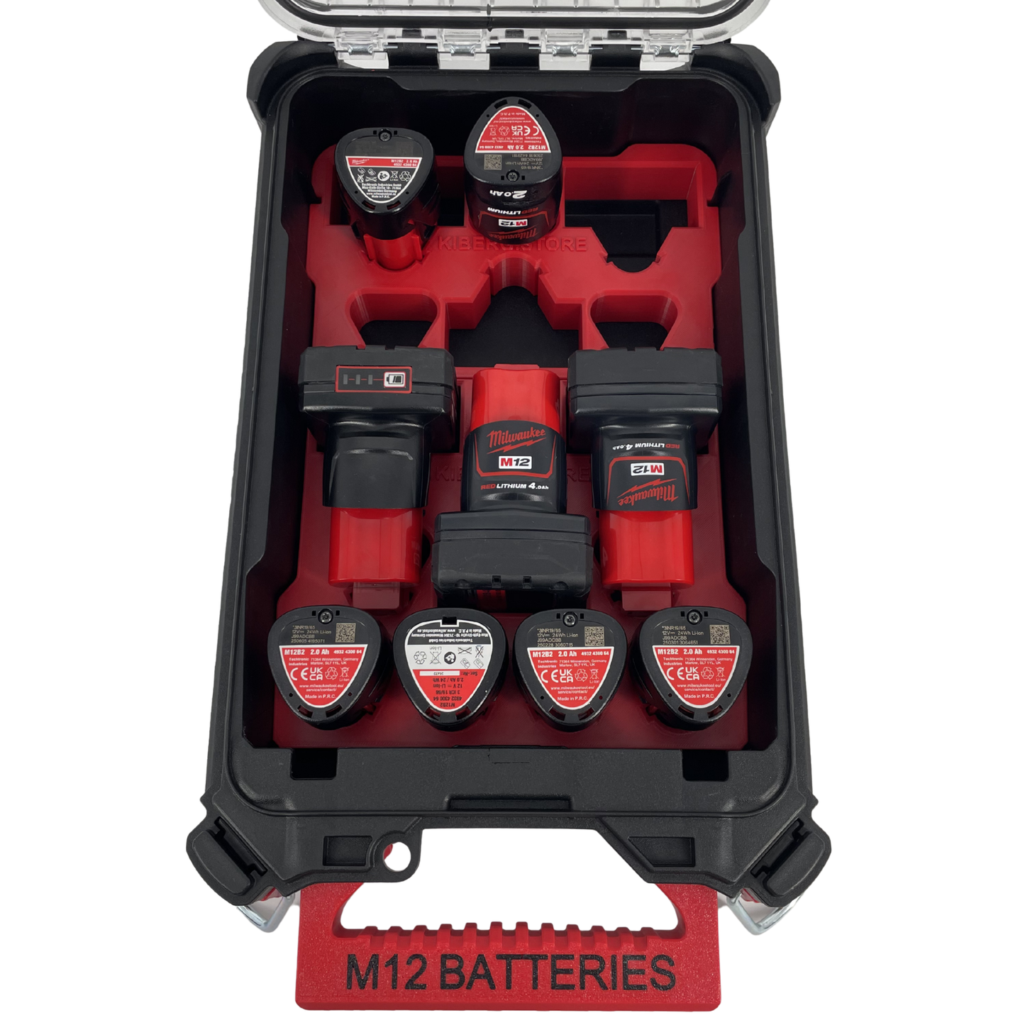 KIBERG Inlay für Milwaukee Packout Compact Organizer | M12 2Ah & 4Ah Akkus | Verstecktes AirTag Fach | Schwarz oder Rot wählbar