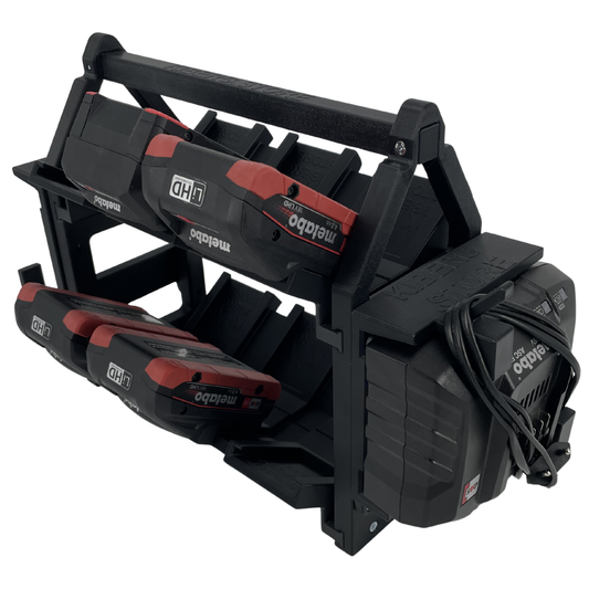 KIBERG Akkuträger für Metabo 18V | Hält 12 Akkus & 2 ASC55 Ladegeräte | Mobiler Carrier mit Tragegriff & Kabelmanagement