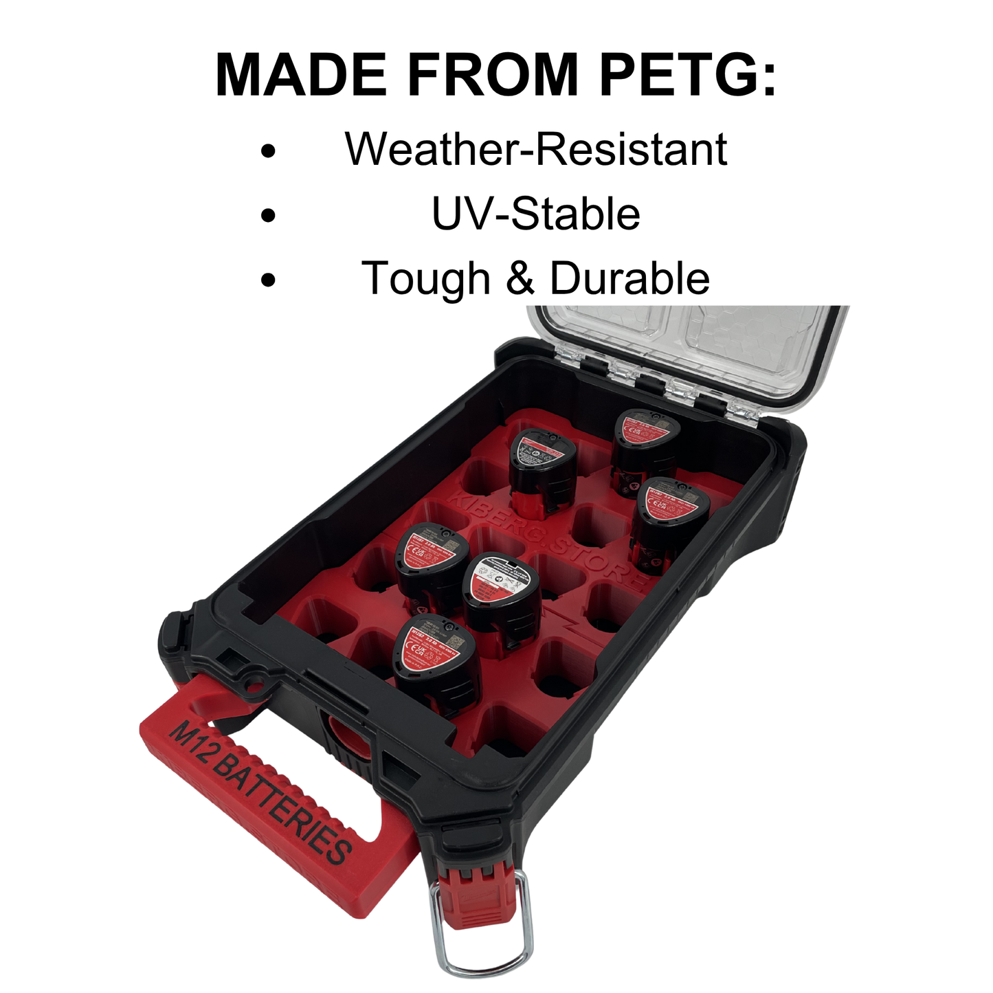 KIBERG Akku-Inlay für Milwaukee Packout Compact Organiser | Platz für 20 M12 2Ah Akkus | Verstecktes AirTag-Fach | Schwarz oder Rot