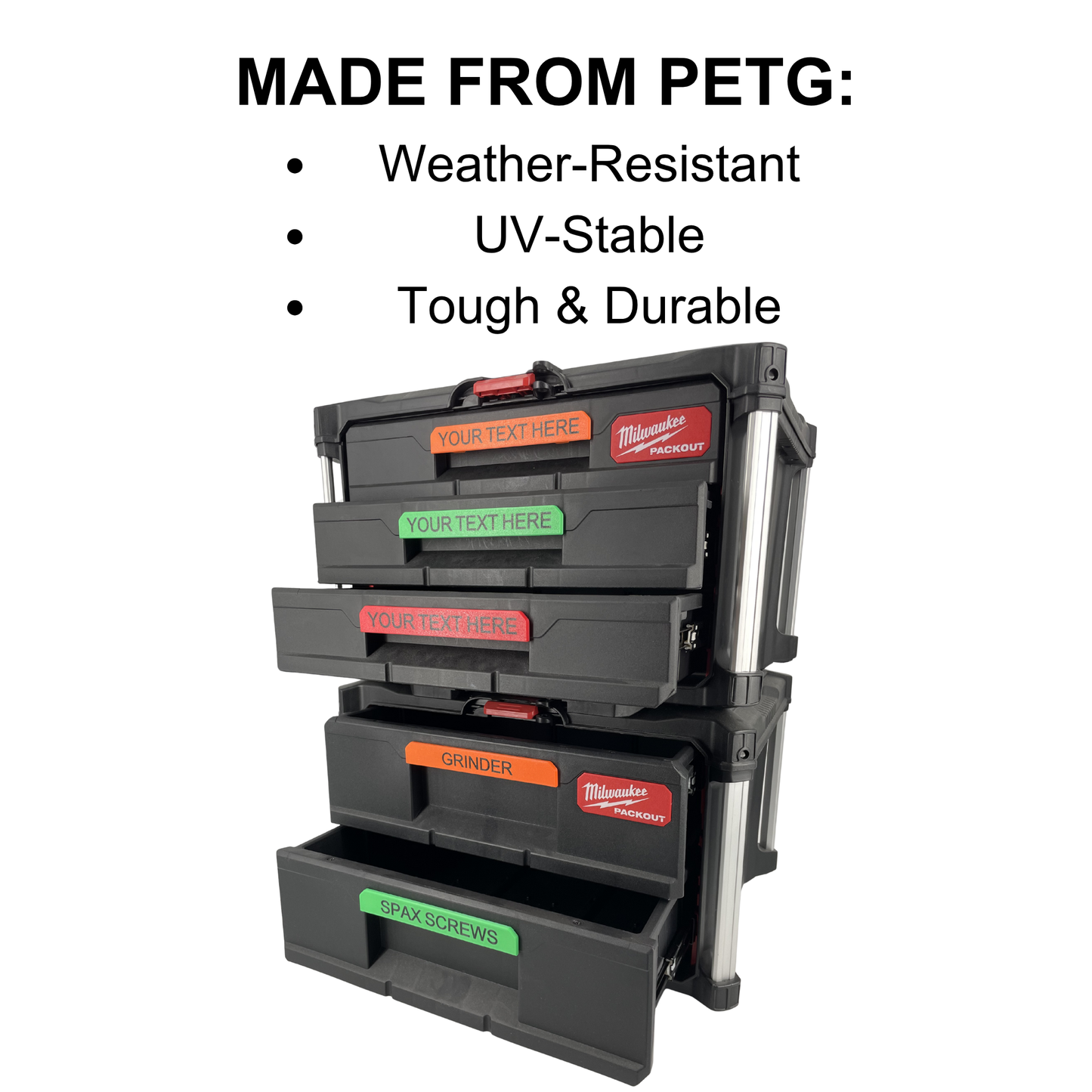 KIBERG Clip-on Label personalisiert für Milwaukee Packout 2 & 3 Drawer | bis 16 Zeichen | Farbe frei wählbar | Werkstatt-Beschriftung (Kopie)