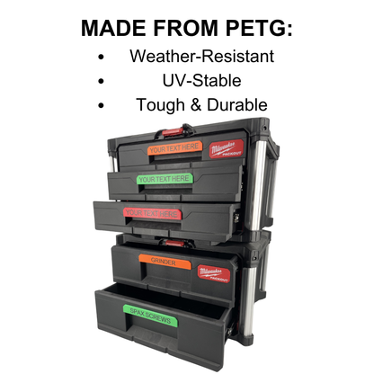KIBERG Clip-on Label personalisiert für Milwaukee Packout 2 & 3 Drawer | bis 16 Zeichen | Farbe frei wählbar | Werkstatt-Beschriftung (Kopie)