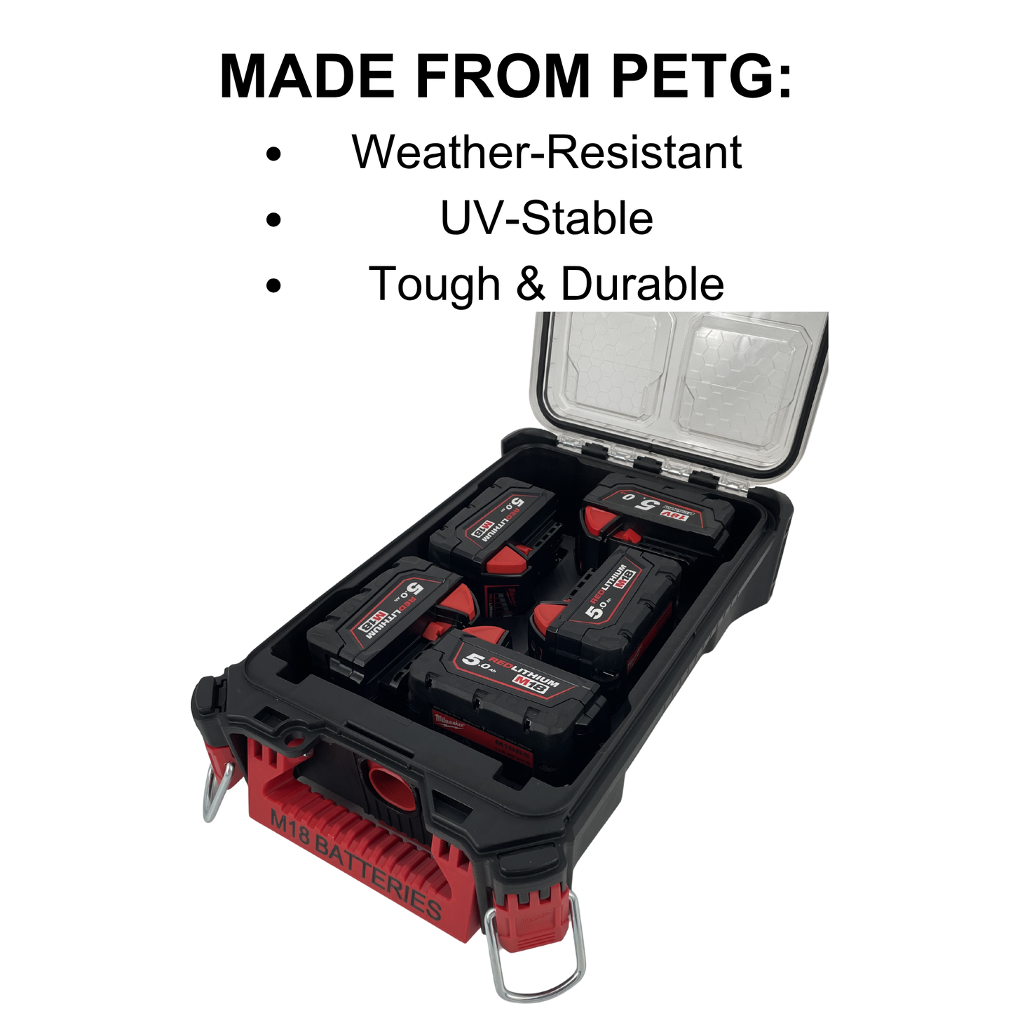 KIBERG Inlay für Milwaukee Packout Compact Organiser | Hält 5x M18 5Ah Akkus | Verstecktes AirTag-Fach | In Schwarz & Rot
