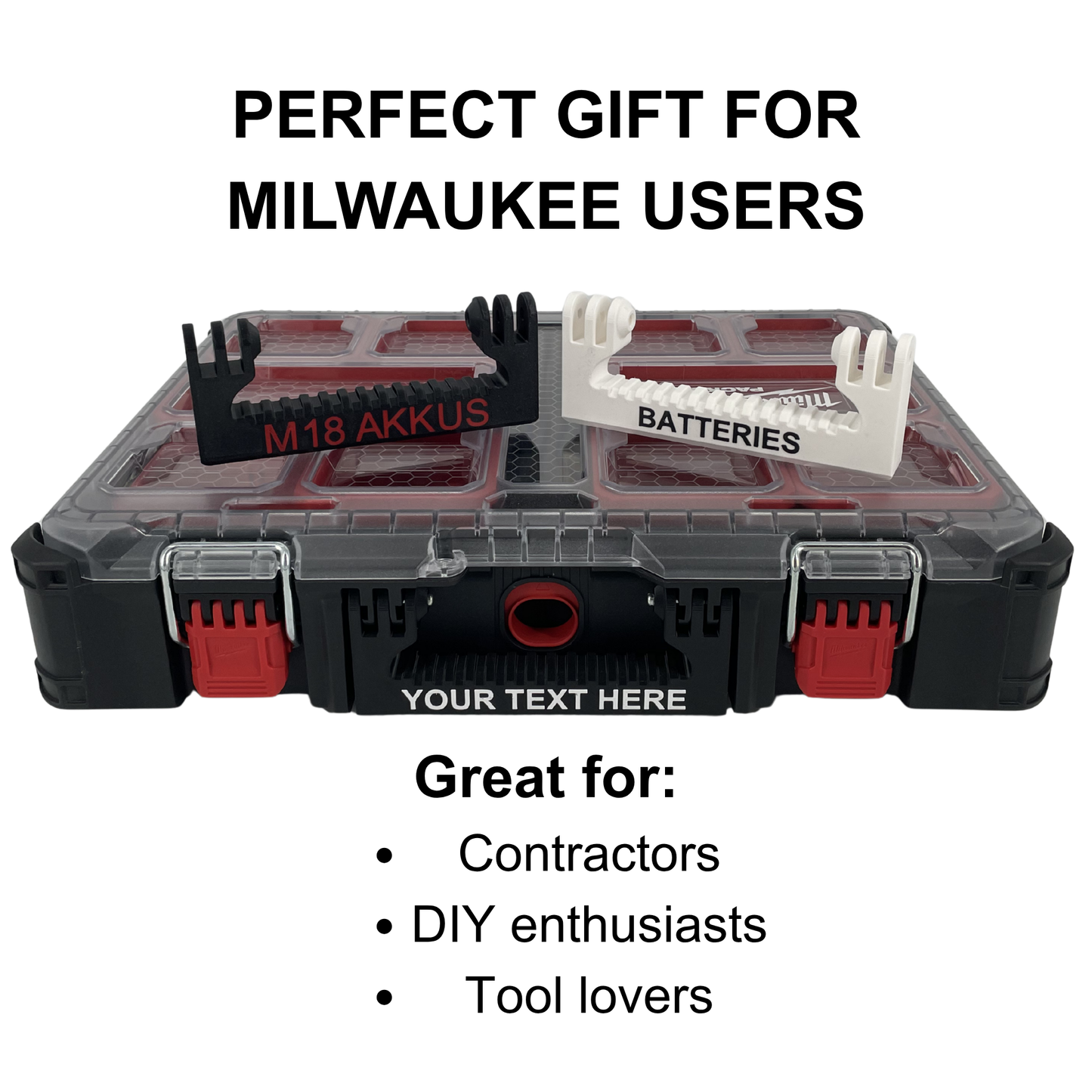 Personalisierter KIBERG Griff für Milwaukee Packout Organiser | Wunschtext & Farbe | 2-Minuten-Montage ohne Bohren