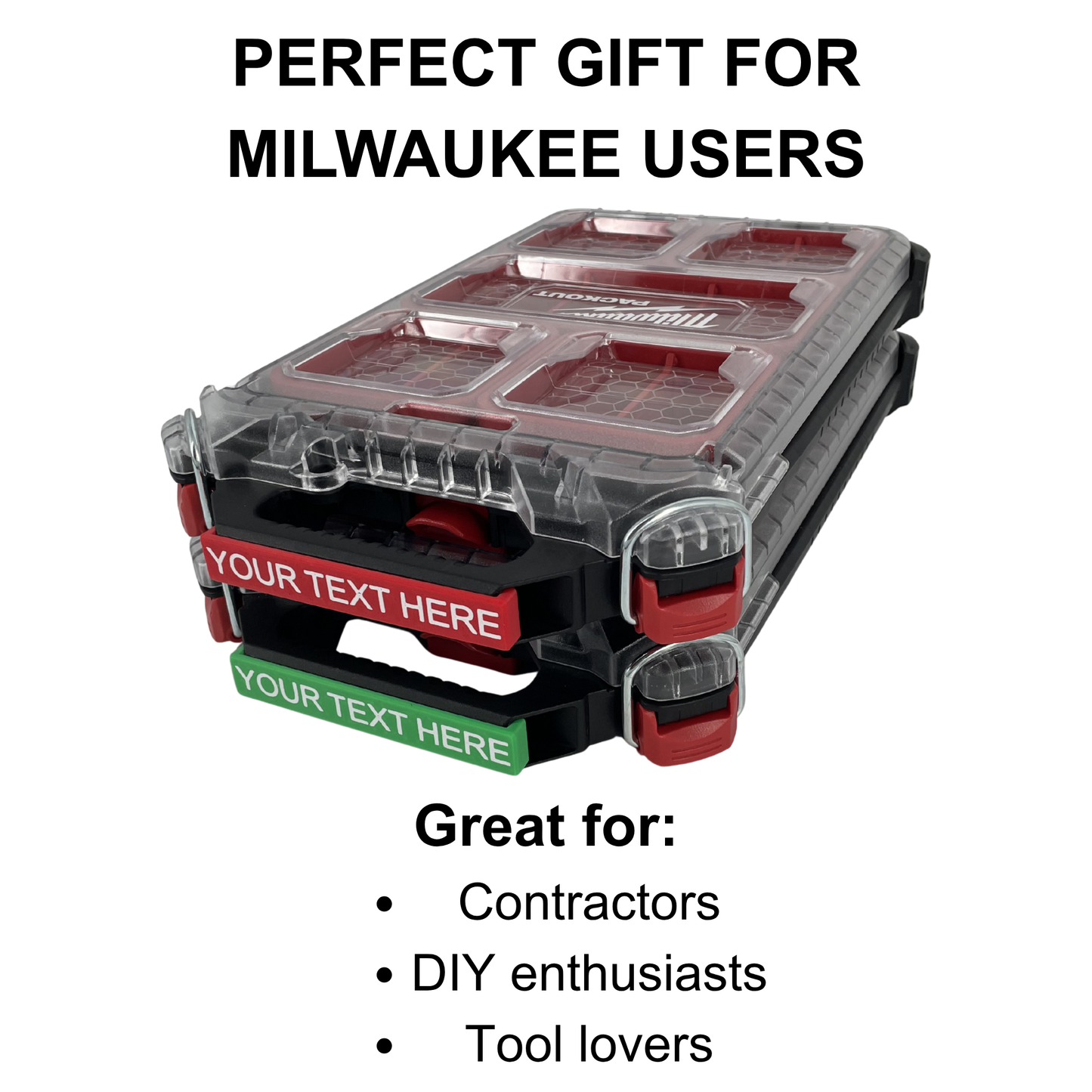 Personalisiertes KIBERG Clip-On Label für Milwaukee Packout Compact Slim | Wunschtext bis 16 Zeichen | Werkzeugbox-Beschriftung