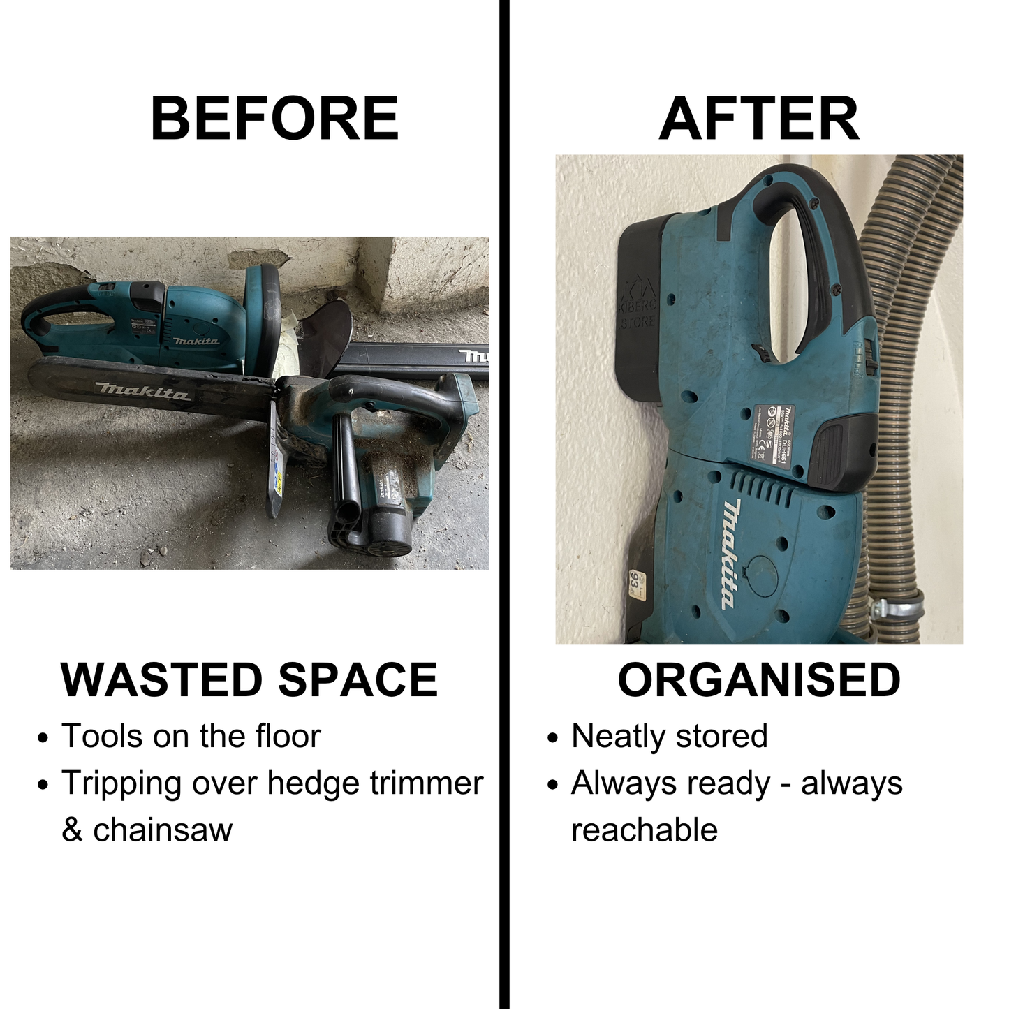 KIBERG Wandhalterung für Makita 18V Dual-Akku-Werkzeuge | High & Low Profile | Heckenschere & Kettensäge