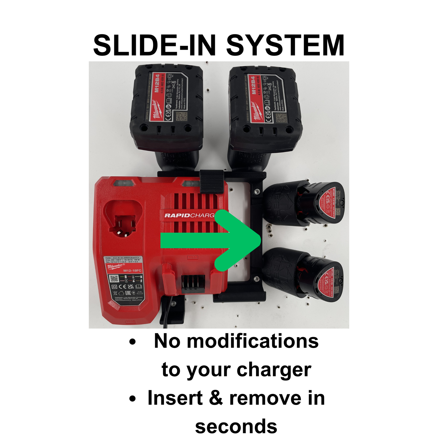 KIBERG Wandhalterung für Milwaukee M12 Ladegerät & Akkus | Slide-In System | M12-18FC & M12-18C | 2 oder 4 Akkuplätze