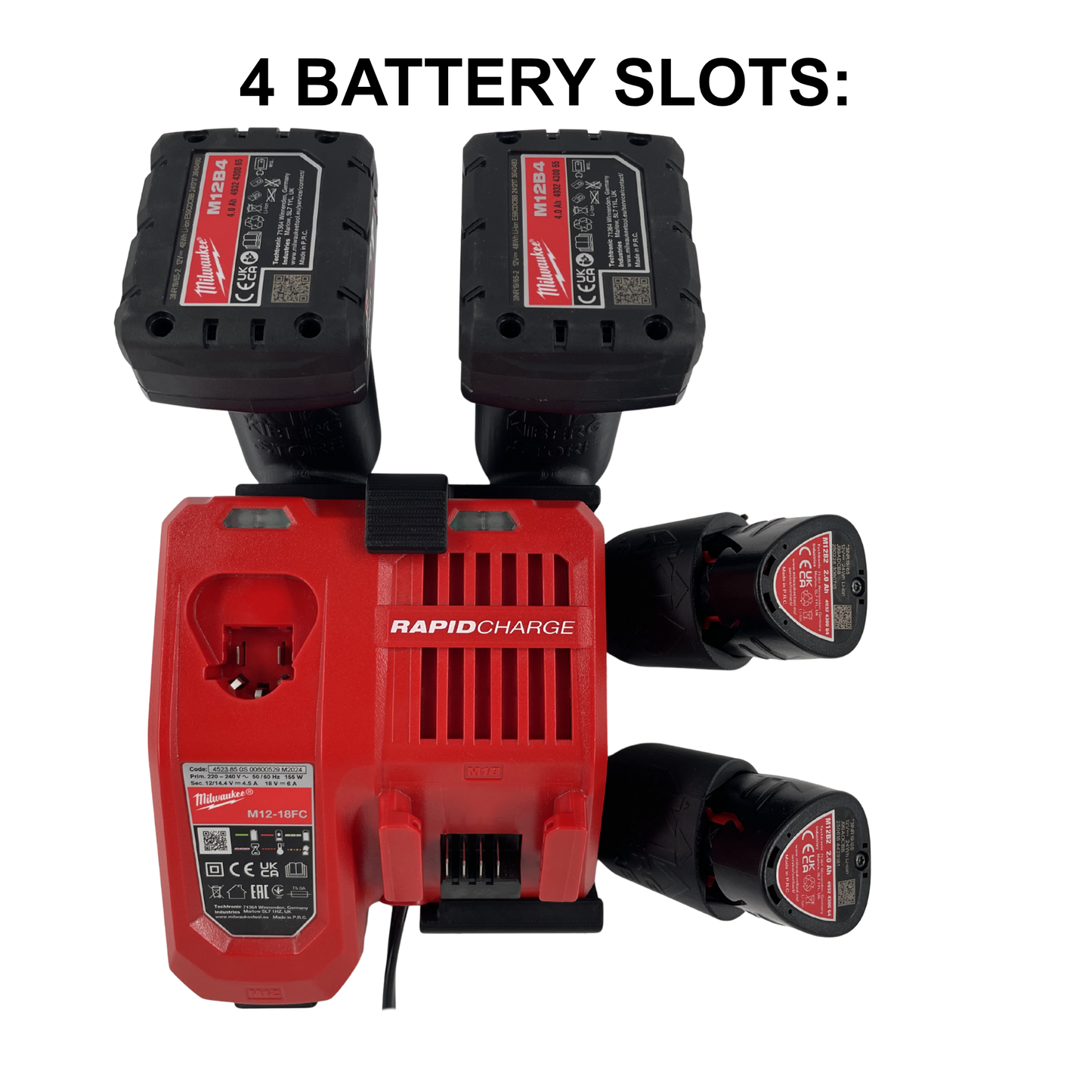 KIBERG Wandhalterung für Milwaukee M12 Ladegerät & Akkus | Slide-In System | M12-18FC & M12-18C | 2 oder 4 Akkuplätze