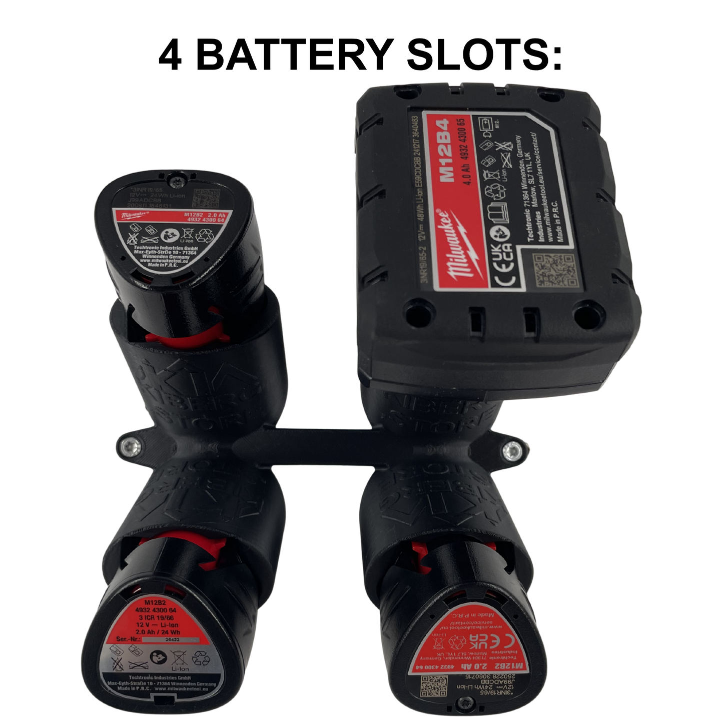 KIBERG Akku Wandhalterung für Milwaukee M12 | 2/4/6/8 Slots | Click-in Verriegelung | Robustes PETG | Made in Austria