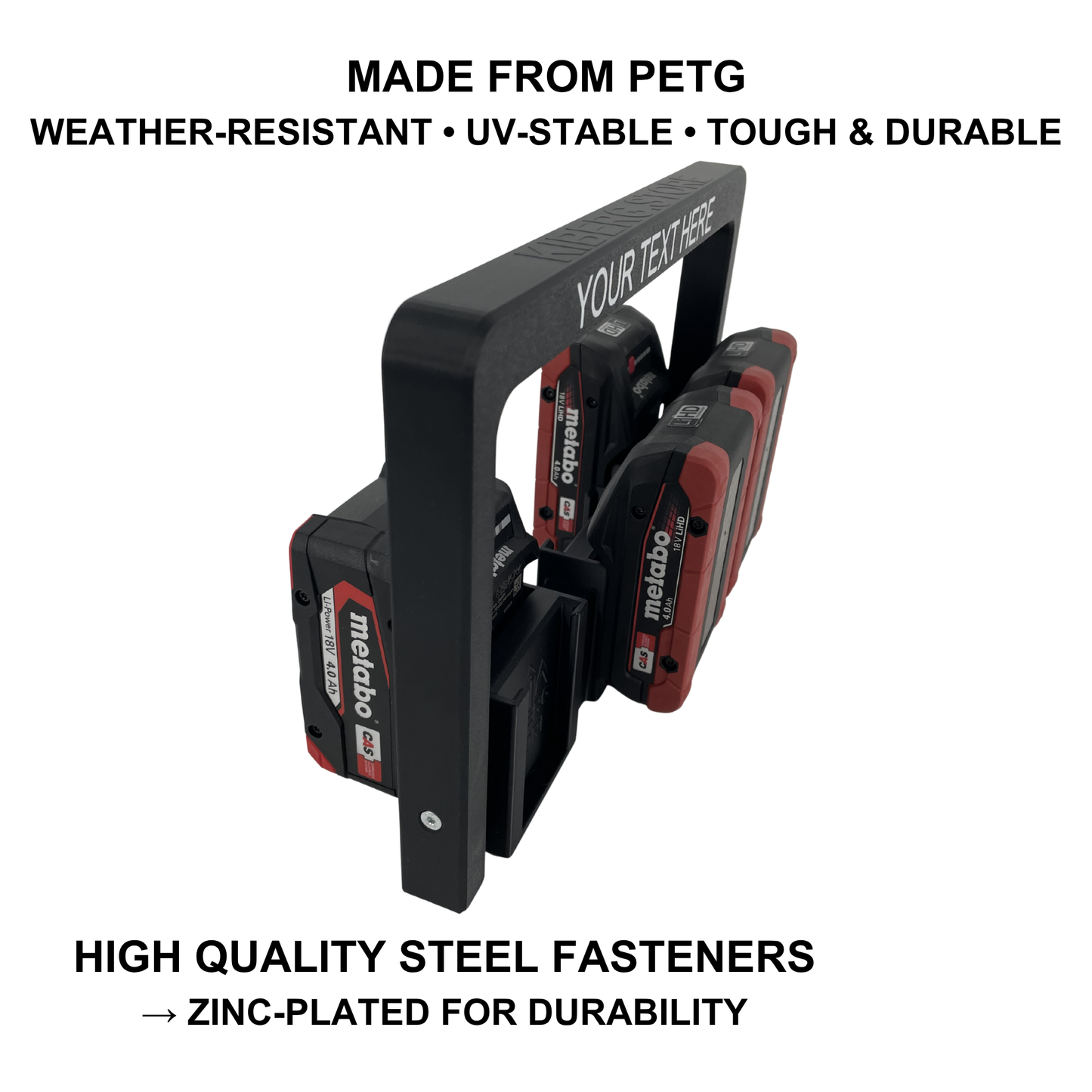 Personalisierter KIBERG Akkuträger für Metabo 18V | bis 6 LiHD & Li-Power Akkus | Slide-In | Made in Austria | dein Wunschtext