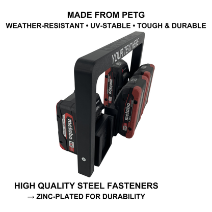 Personalisierter KIBERG Akkuträger für Metabo 18V | bis 6 LiHD & Li-Power Akkus | Slide-In | Made in Austria | dein Wunschtext