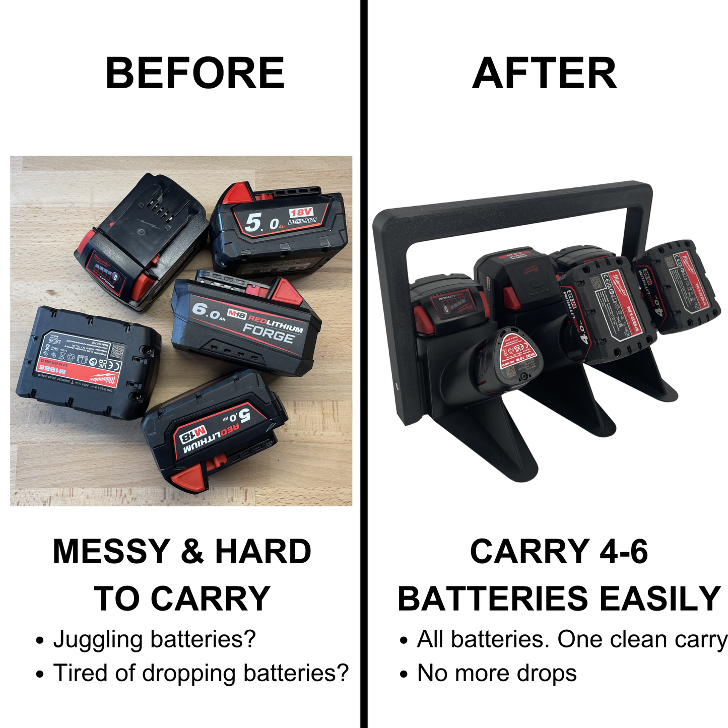 KIBERG Akkuträger für Milwaukee M18 & M12 | Batteriehalter Tragegriff | 4 oder 6 Akkus | Werkstatt Ordnung