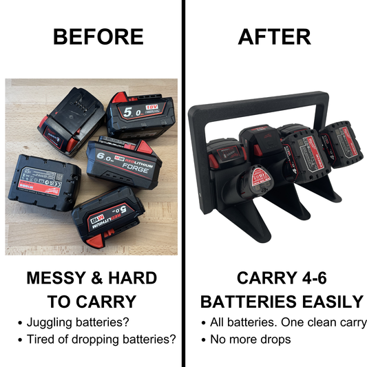 KIBERG Akkuträger für Milwaukee M18 & M12 | Batteriehalter Tragegriff | 4 oder 6 Akkus | Werkstatt Ordnung