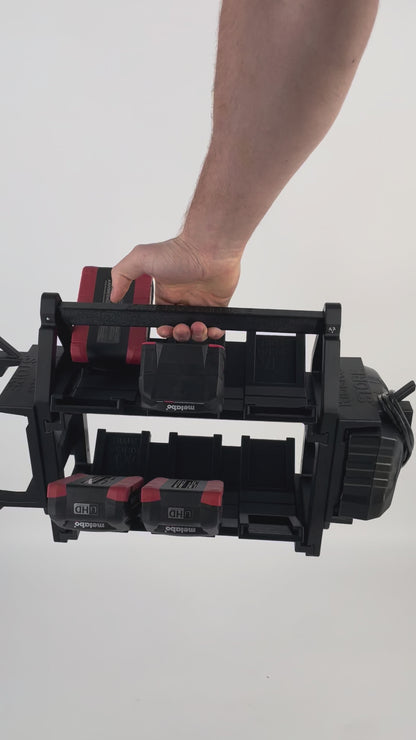 KIBERG Akkuträger für Metabo 18V | Hält 12 Akkus & 2 ASC55 Ladegeräte | Mobiler Carrier mit Tragegriff & Kabelmanagement